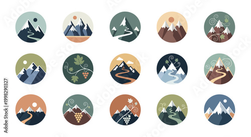 Mountain landscape icons in circles.