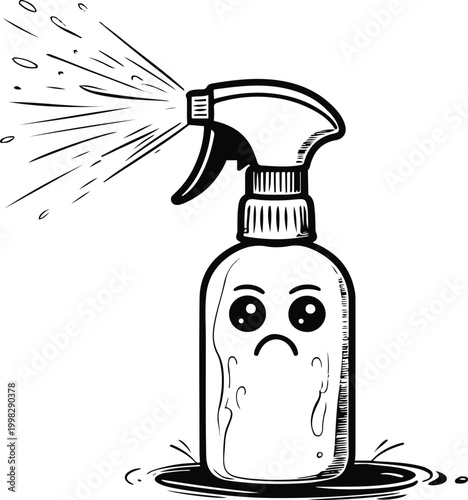 Ugly Cute Spray Bottle Spraying Air Confused Black Line Art White Background 1