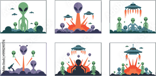 Alien UFO Invasion Scene Set with Extraterrestrial Creatures Flying Saucers Laser Attacks Explosions and Sci Fi Fantasy Elements for Game and Illustration Design