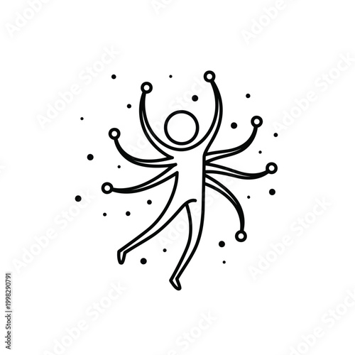 A whimsical line drawing of a person with star-like arms and floating dots