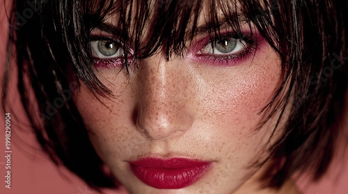 Close-up Beauty Portrait of Woman with Glitter Magenta Full Eyeliner, Glossy Pink Lips, Wet Dark Bangs and Freckled Skin on Soft Pink Background, Bold Glamorous Makeup Look