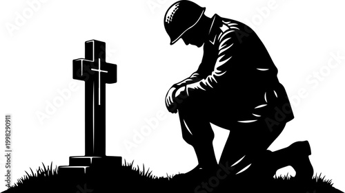 Soldier silhouette kneeling at grave with cross representing memorial day.
