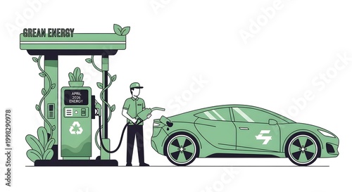 Green Energy Charging Station with Eco Car and Technician