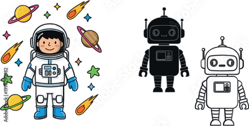Cute Astronaut and Robot Illustration Set with Space Planets Stars Meteors and Sci Fi Characters for Kids Education Design and Cartoon Graphics