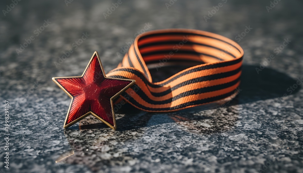 Fototapeta premium Red star medal and St. George ribbon on granite for Victory Day celebration concept, representing Russian military honor and historical remembrance of the Great Patriotic War