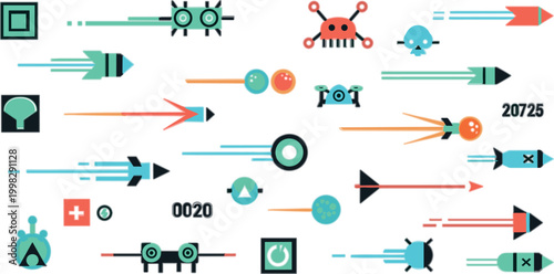 Futuristic Game UI Elements with Arrows Robots Spaceships Health Icons and Tech Indicators for Sci Fi Interface Design and Arcade Gaming Assets