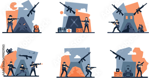Military Operation Scenes Illustration Set with Soldiers Weapons Tactical Missions Battlefield Environments and Combat Strategy Graphics for Defense and Game Design