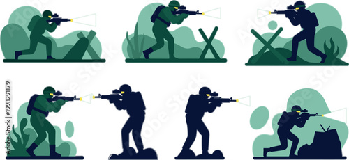 Military Soldiers Combat Silhouette Set with Tactical Shooting Positions Army Patrol Operations and Battlefield Action Scenes for Defense and War Illustration