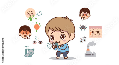 Cute illustration of a child using an inhaler surrounded by allergy triggers and symptoms