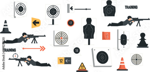 Shooting Range Training Icon Set with Targets Sniper Positions Safety Cones Weapons Practice Signs and Military Drill Symbols for Defense and Game Design