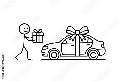 stick figure presenting gift box next to car with bow silhouette high quality professional detailed