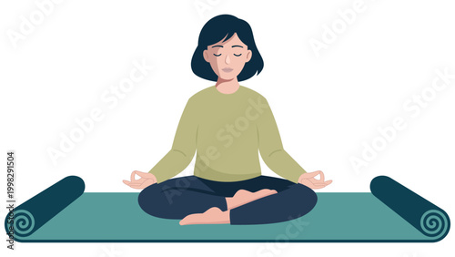 Flat vector illustration of a peaceful woman doing yoga and mindfulness meditation.
