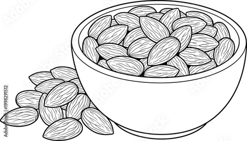 Healthy Bowl of Raw Almonds Line Art Illustration
