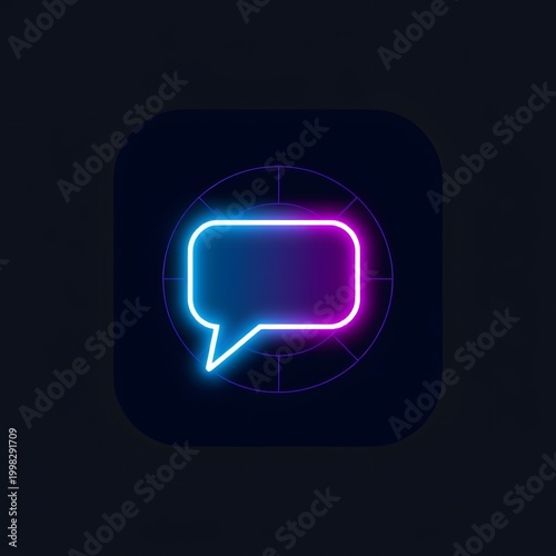 Neon glowing chat bubble icon on dark abstract tech background