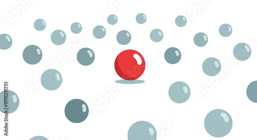 The distinct concept of a singular red sphere courageously standing out amidst a multitude of identical grey ones, symbolizing individuality and uniqueness in a collective