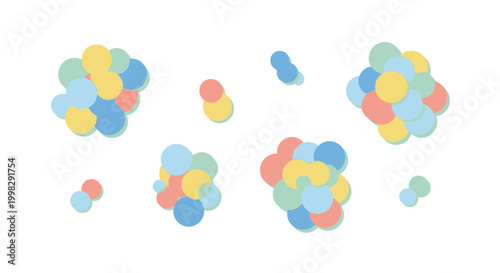 Abstract illustration featuring vibrant multi-colored circular clusters on a crisp white background, suggestive of microscopic particles, playful confetti, or contemporary graphic design patterns