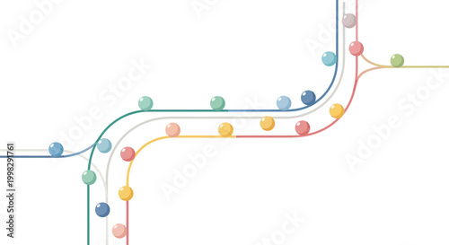 A visual representation of interconnected pathways and progress, with colorful beads moving along a winding route, symbolizing journey and evolution