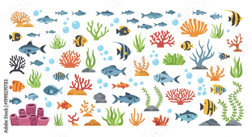 Vibrant underwater coral reef teeming with diverse colorful fish and marine plants, creating a lively aquatic ecosystem