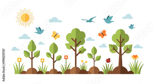 A vibrant illustration of a sunny day in a lush garden with thriving plants, trees, flowers, and butterflies