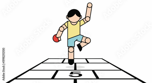 Boy Playing Hopscotch on Ground.