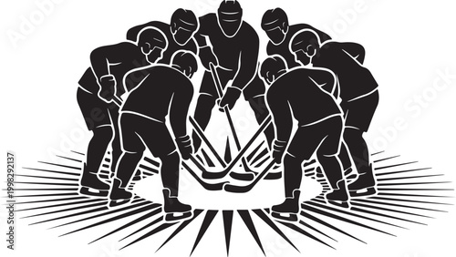 Ice hockey team huddle, players in uniform with sticks, aggressive stance, vector illustration
