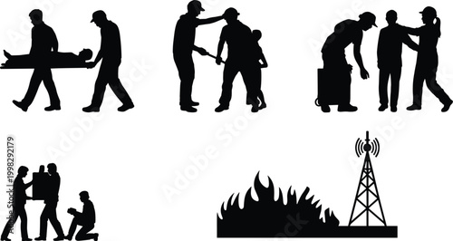 Emergency rescue teamwork silhouettes showing stretcher carrying, fire safety, first aid assistance, communication tower signals, crisis response, disaster management operations