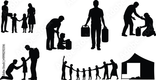 Humanitarian aid silhouettes showing compassion, relief support, refugee assistance, community care, helping children, and social responsibility in crisis situations