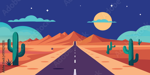 Flat geometric desert road scene, straight highway, cactus and minimal landscape