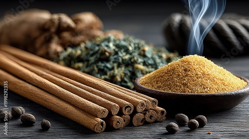 Aromatic Organic Culinary Spices - Cinnamon Sticks, Nutmegs, Dried Herbs and Smoking Spiced Powder on Dark Rustic Wooden Surface for Healthy Cooking, Baking and Gourmet Cuisine