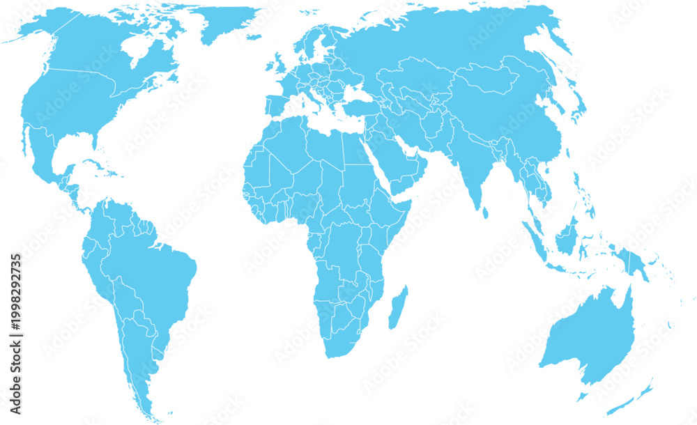 Naklejka premium Detailed Blue World Map Vector with Country Borders on White Background