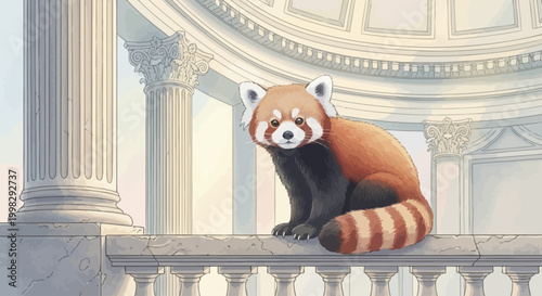 Red panda sitting on railing outdoors.