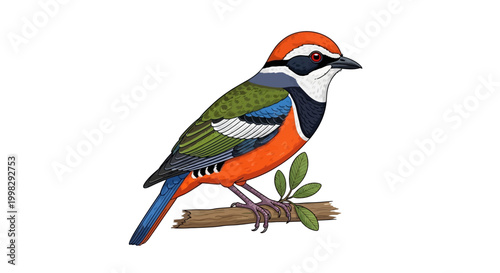 Colorful bird perched on branch.