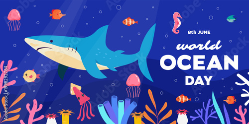 world ocean day, 8 june, banner illustration in flat design