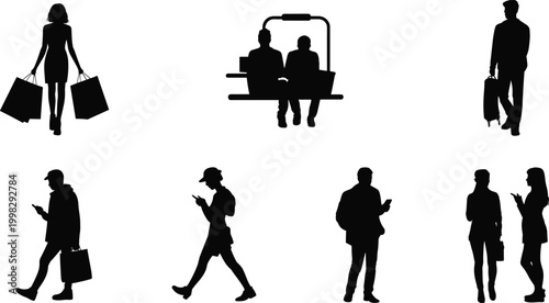 Urban lifestyle silhouettes showing shopping, commuting, walking with phone, social interaction, carrying bags, everyday activities, modern city people scenes