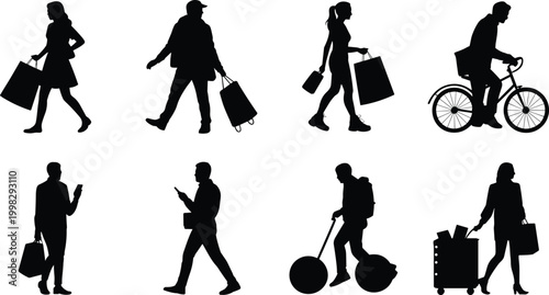 Vector silhouettes of urban lifestyle activities, shopping, commuting, mobile phone use, cycling, scooter riding, everyday people concept for stock illustration