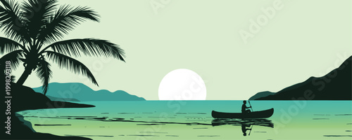 Green Tone Tropical Beach Sunset with Palm Tree and Canoe Silhouette Minimal Vector Illustration