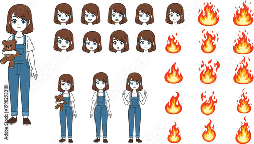 Anime Girl Character Design Set with Multiple Facial Expressions Full Body Poses Teddy Bear and Fire Flame Elements for Animation and Game Assets