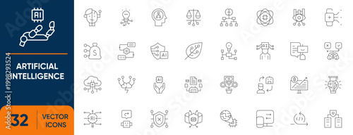 Artificial Intelligence Icon Set. Containing Machine Learning, AI, Generative, Robot, Cyborg, Electronics, Robotic, Android and more. Editable vector Line icons collection.