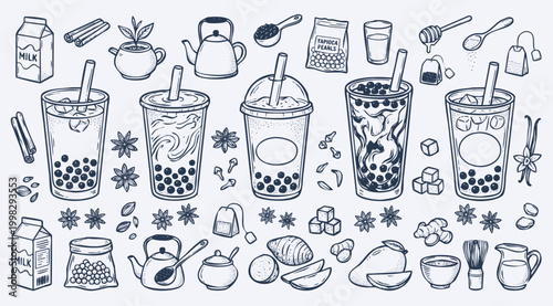 American Drink Vintage 1930s Rubber Hose Style Bubble Tea and Boba Milk Tea and Pearl Ingredient Doodle Set