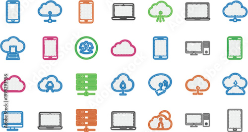 Cloud Computing and Device Integration Icon Set with Servers Laptops Smartphones Data Storage Sync Backup and Network Technology Symbols for Web UI Design