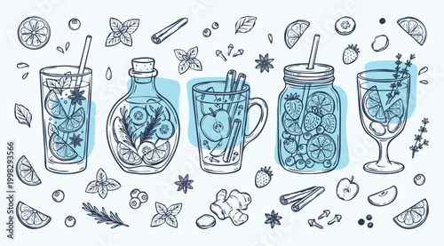 American Drink Vintage 1930s Rubber Hose Style Water and Fruit Beverage Doodle Set