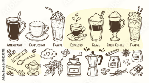 Vintage 1930s Rubber Hose Style Coffee Menu and Barista Preparation Doodle Set