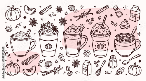 American Viral Drink Vintage 1930s Rubber Hose Style Pumpkin Latte and Autumn Coffee Doodle Set