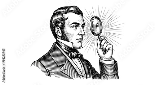 A man in a suit examines an engraving through a magnifying glass in an illustration style.