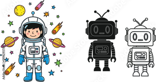Cute Astronaut and Robot Character Icon Set with Space Elements Planets Stars Meteors and Sci Fi Cartoon Figures for Kids Education Design