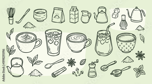 American Viral Drink Vintage 1930s Rubber Hose Style Matcha Latte and Green Tea Preparation Doodle Set
