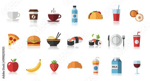 Flat design icons of various food and drinks on a white background.