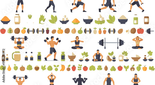 Fitness and Healthy Lifestyle Icon Set with Workout Exercises Gym Equipment Nutrition Food and Wellness Symbols for Training Apps and Sports Design