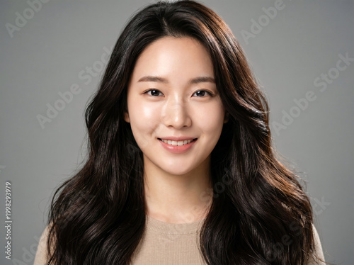 Close Up Studio Portrait of Korean Woman with Voluminous Dark Hair