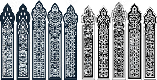 Intricate set of traditional Islamic arch window silhouettes with ornamental Arabic patterns and geometric details for ramadan kareem decoration or cultural vector design.